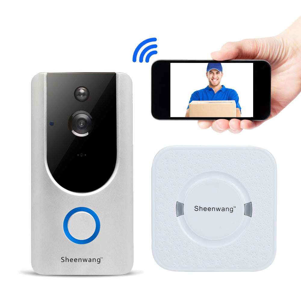 Sheenwang Smart Video Doorbell, WiFi Video Doorbell Chime Kit, Security Doorbell Camera, with 8G Memory Storage, Motion Detection & Built-in Speaker for iOS/Android APP Remote Control (Chime Included)
